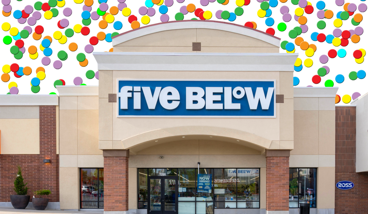 five below store with a confetti background
