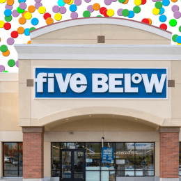five below store with a confetti background