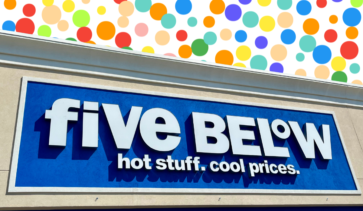 five below store with a polka dot background