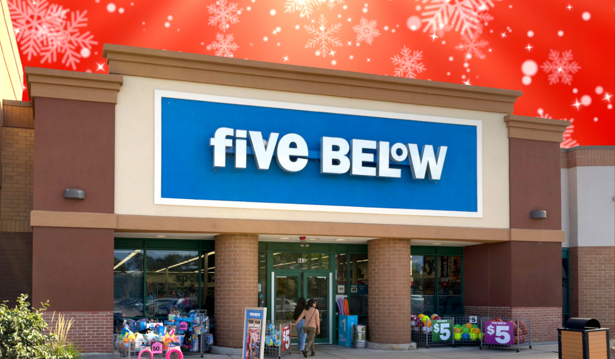Five Below store with a red snowflake background