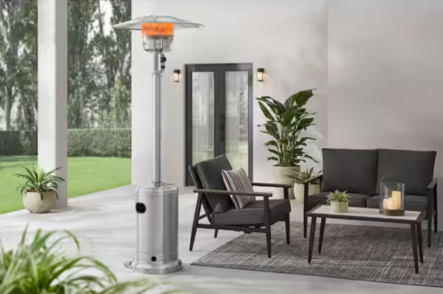 outdoor standing heater on a patio