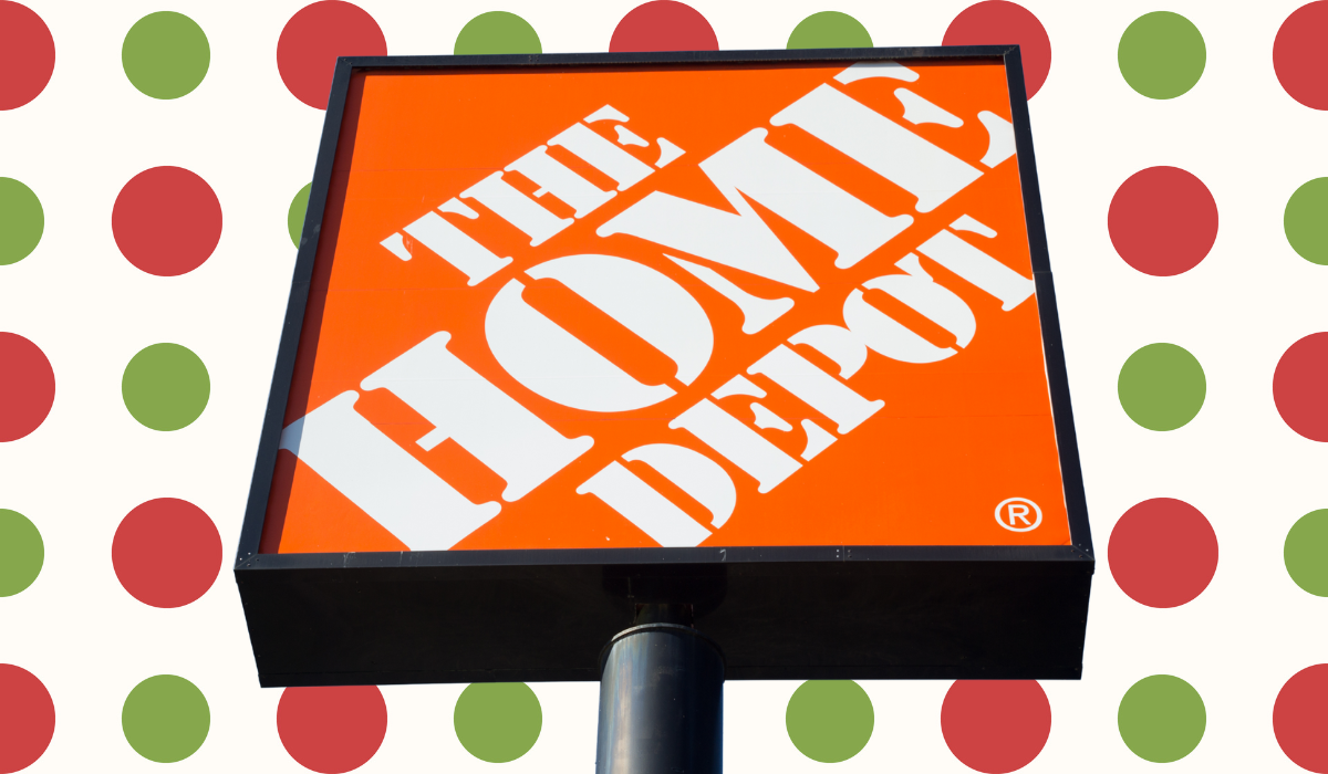 home depot sign with a red and green polka dot background
