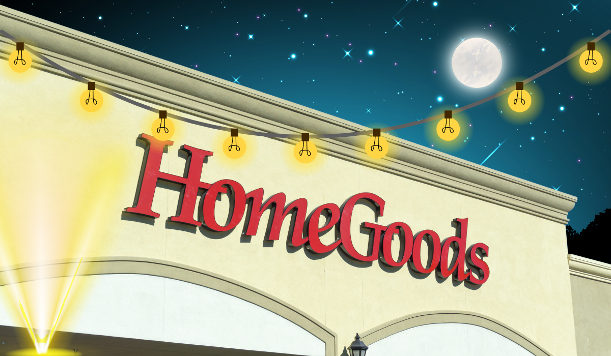 HomeGoods storefront with a dark night sky and string lights