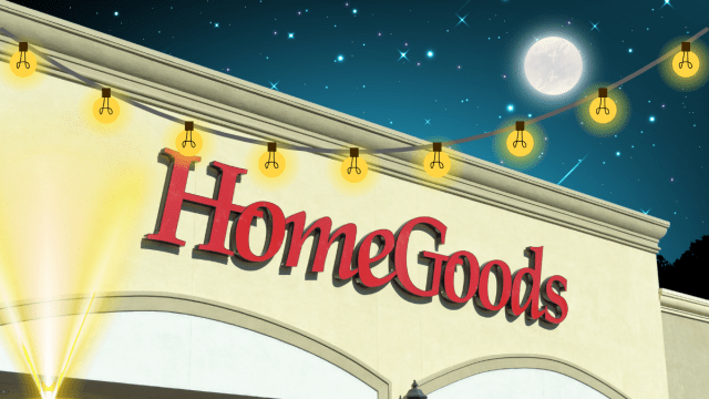 HomeGoods storefront with a dark night sky and string lights