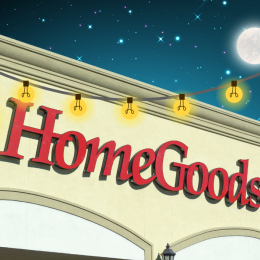 HomeGoods storefront with a dark night sky and string lights
