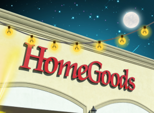 HomeGoods storefront with a dark night sky and string lights