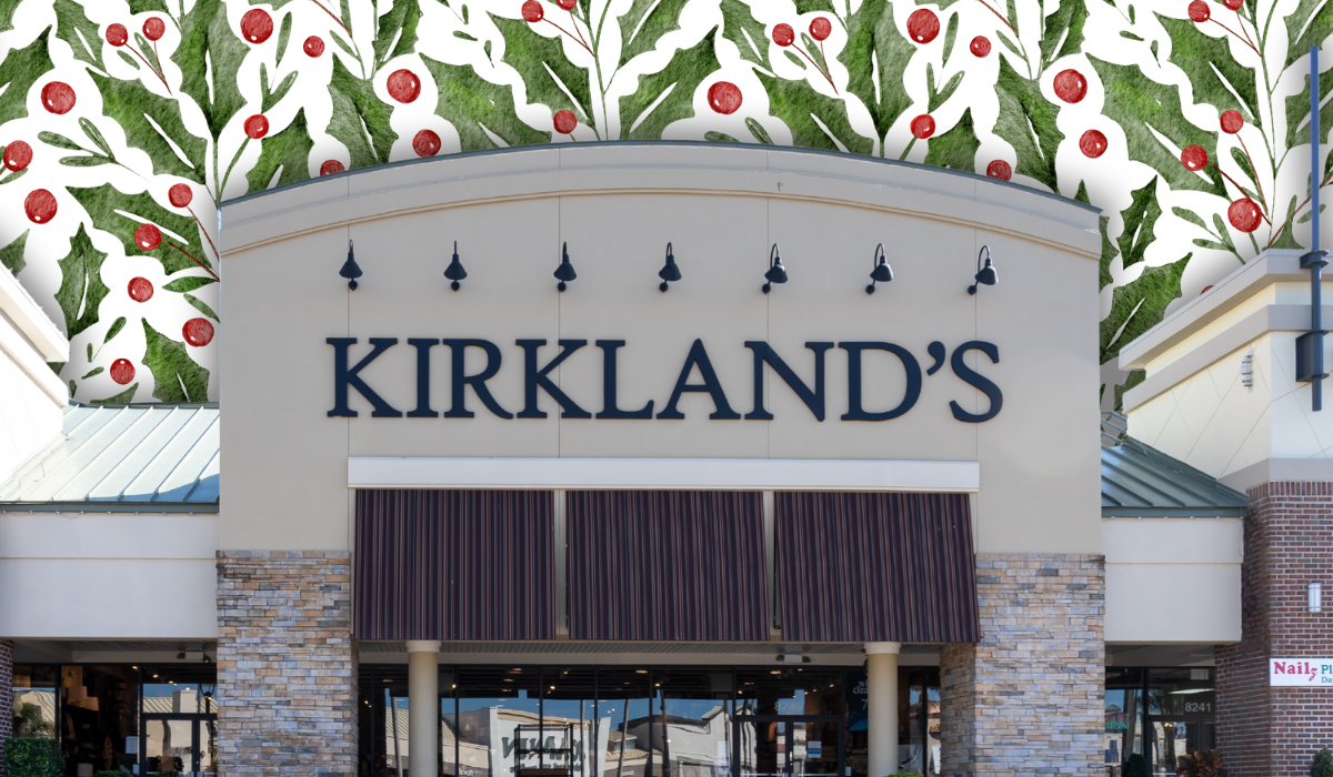 Kirkland store with a Christmas holly background