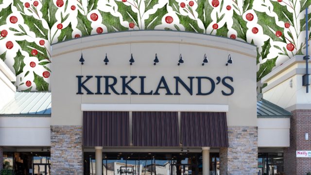 Kirkland store with a Christmas holly background