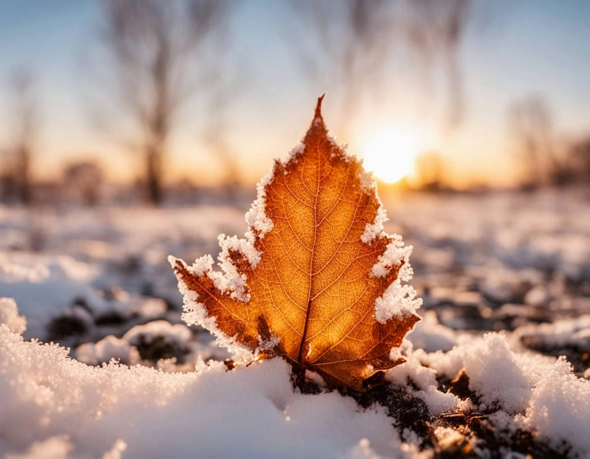 An orange leaf resting in snow