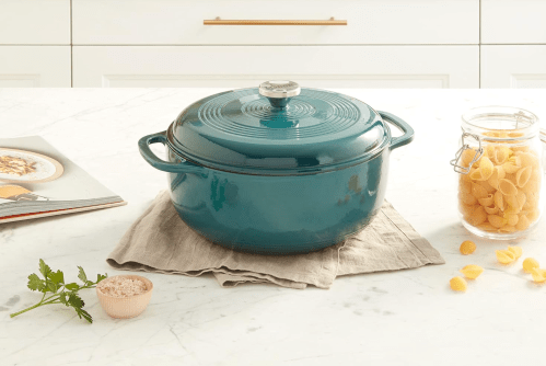 Lodge Dutch Oven in the color lagoon sitting on a kitchen counter