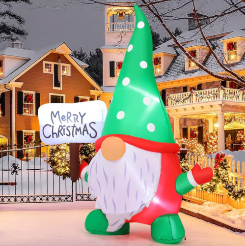 Christmas gnome inflatable on a snowy lawn