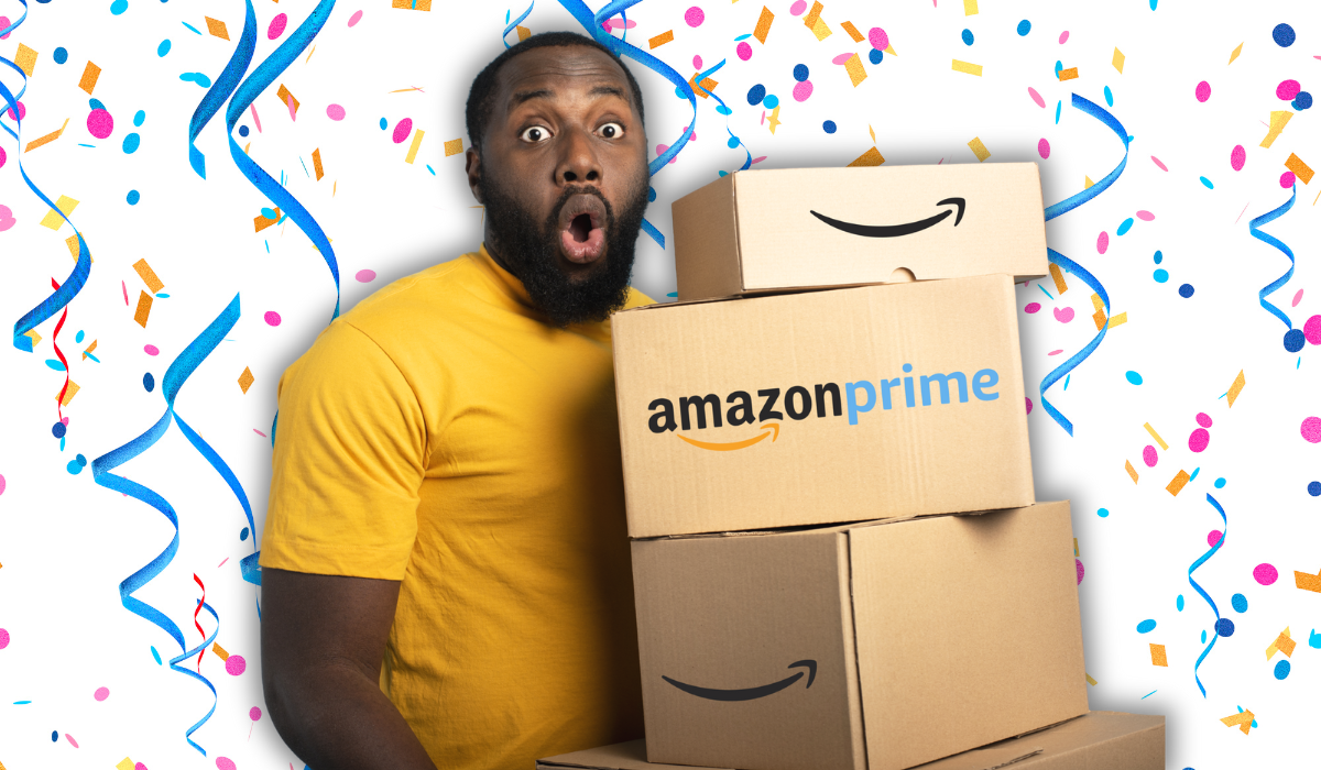 man in a yellow t-shirt holding amazon boxes, looking surprised, with a confetti background