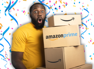 man in a yellow t-shirt holding amazon boxes, looking surprised, with a confetti background