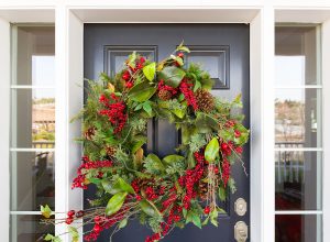Christmas Decorations At Front Door of House.