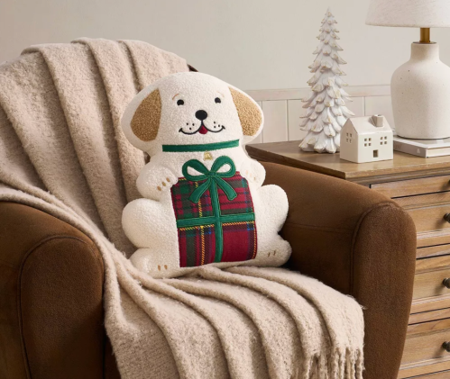 christmas dog pillow on chair