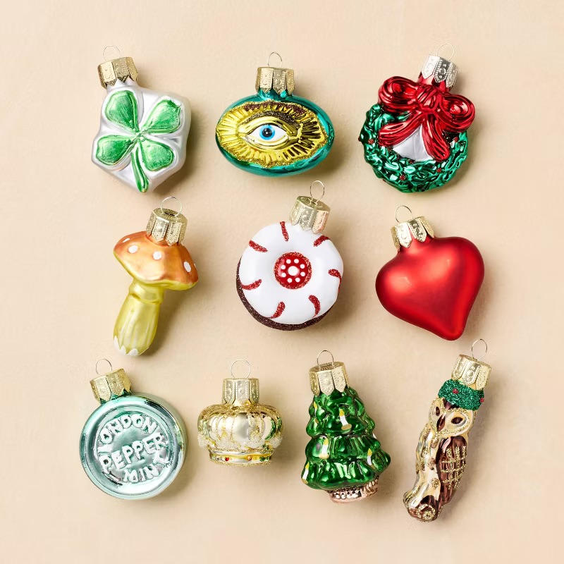 A shamrock, eye, wreath, mushroom, peppermint candy, heart, candy, tree, and owl mini ornament