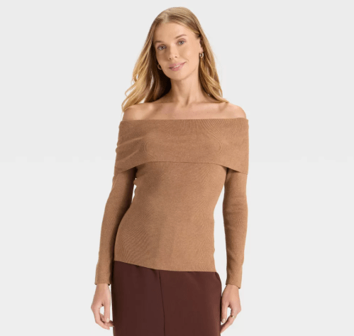 woman wearing a light brown off-the-shoulder sweater