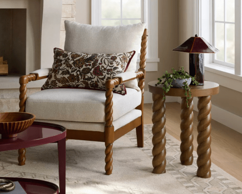 twisted walnut end table and accent chair