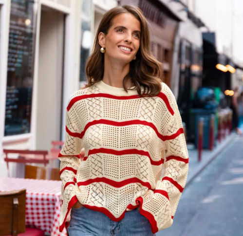 woman wearing a crochet sweater