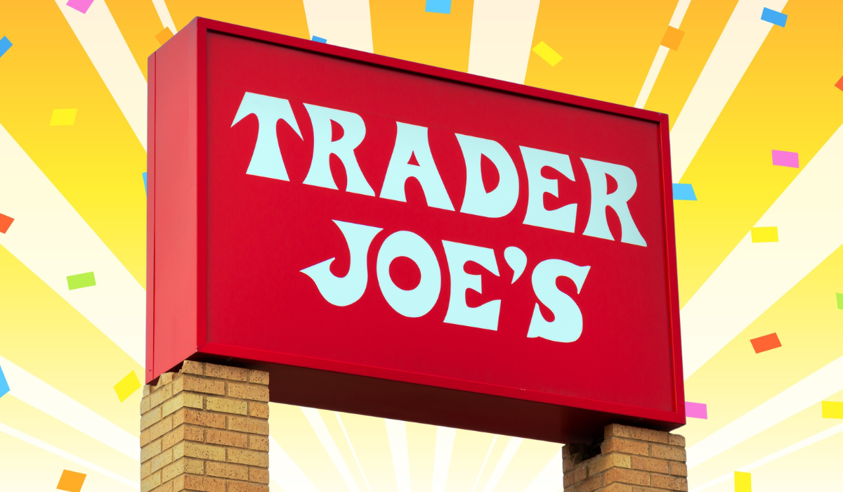 trader joe's store sign with a yellow confetti background