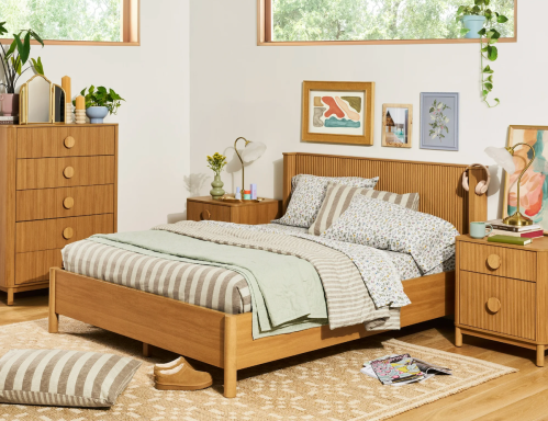 fluted wood bed and dressers