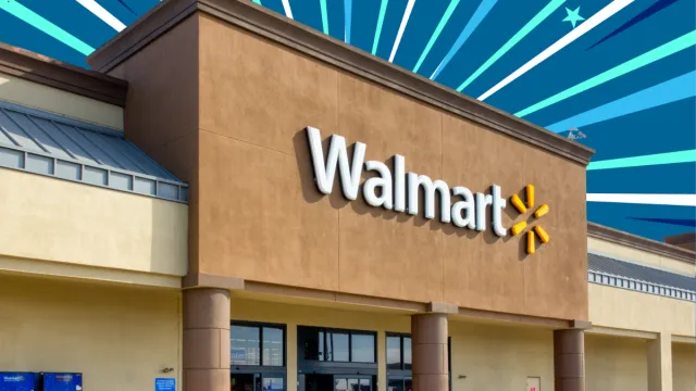 Walmart store with a blue sunburst background