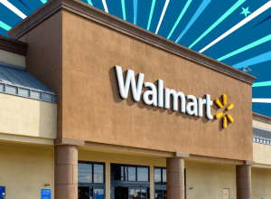 Walmart store with a blue sunburst background
