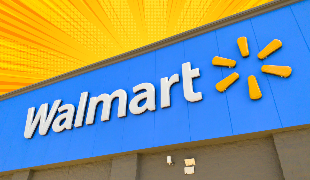 walmart sign on a store with a yellow-orange background