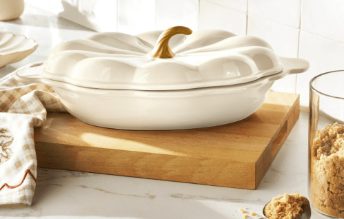 cream colored pumpkin casserole dish