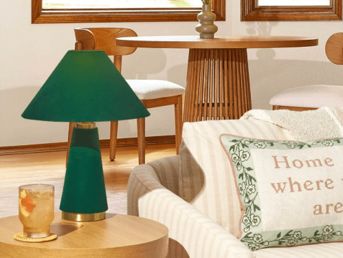 green velvet table lamp in living room