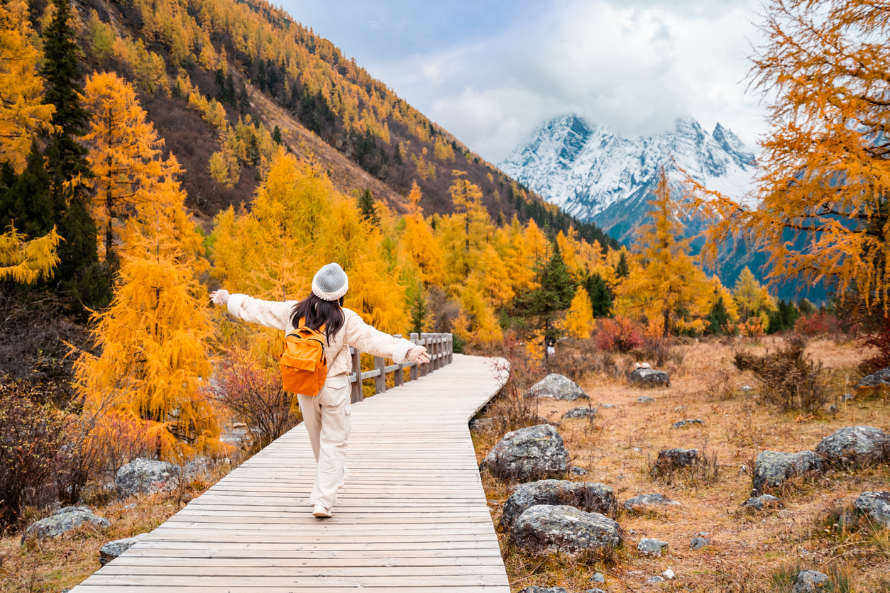 A woman walking on a wooden boardwalk through scenic fall foliage