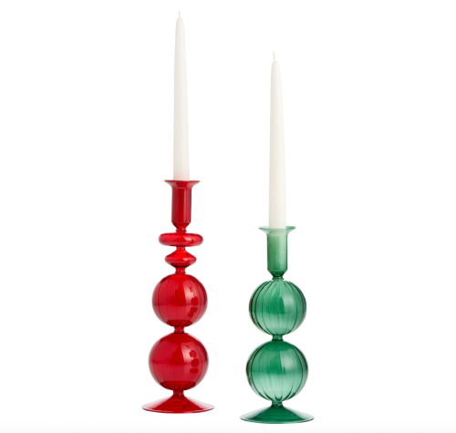 red and green glass candle holders