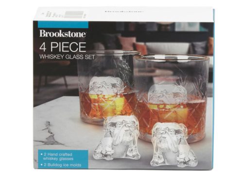 BROOKSTONE 4pc Whiskey Glass And Bulldog Ice Mold Set
