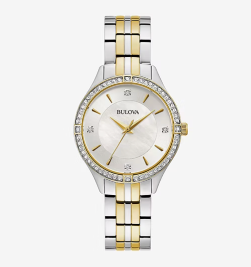 Bulova Crystal Womens Crystal Accent Two Tone Stainless Steel Bracelet Watch