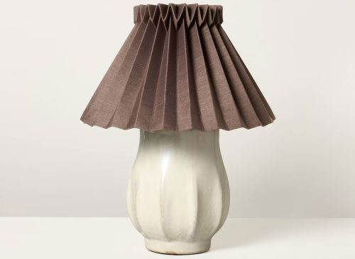 Ceramic with Brown Knife Pleat Shade Accent Table Lamp Sour Cream