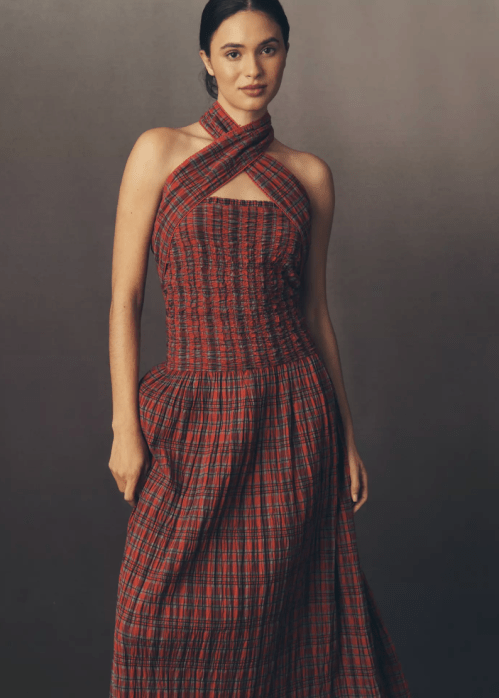 Damson Madder Mia Shirred Plaid Midi Dress
