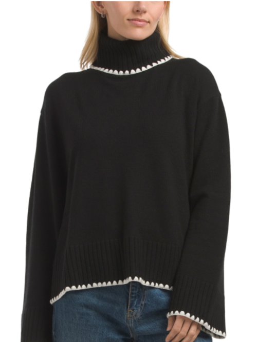 ELLEN TRACY Turtleneck Sweater With Handstitch Edge Trim