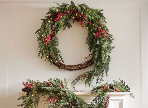 Faux Lit Red Berry Avant-Garde Wreath & Garland