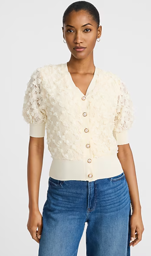 Floral Lace V-Neck Novelty Button Short Sleeve Cardigan