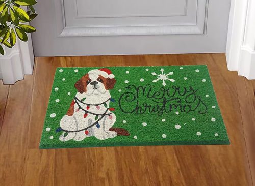 Holiday Living 18-in x 30-in St Bernard Christmas Coir Non-Slip Grip Indoor or outdoor Winter Door Mat