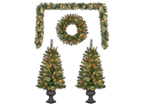 Holiday Living Indoor/Outdoor Pre-Lit 24-in Artificial Christmas Wreath, Garland, Potted Tree Set