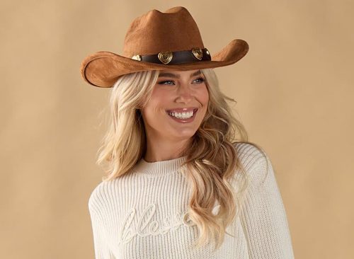 Light Tan with Gold Heart Band Cowgirl Hat