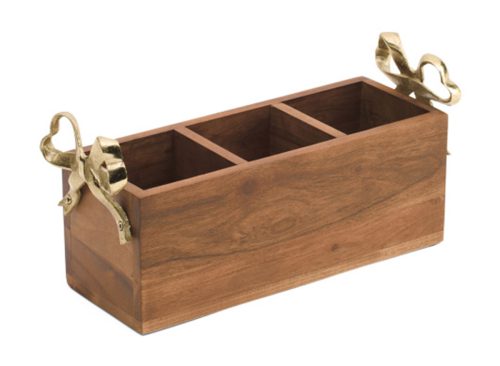 MADE IN INDIA Wooden Flatware Caddy With Bow Handles 