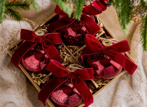 Mercury Glass Ball Ornaments with Bows - Set of 4