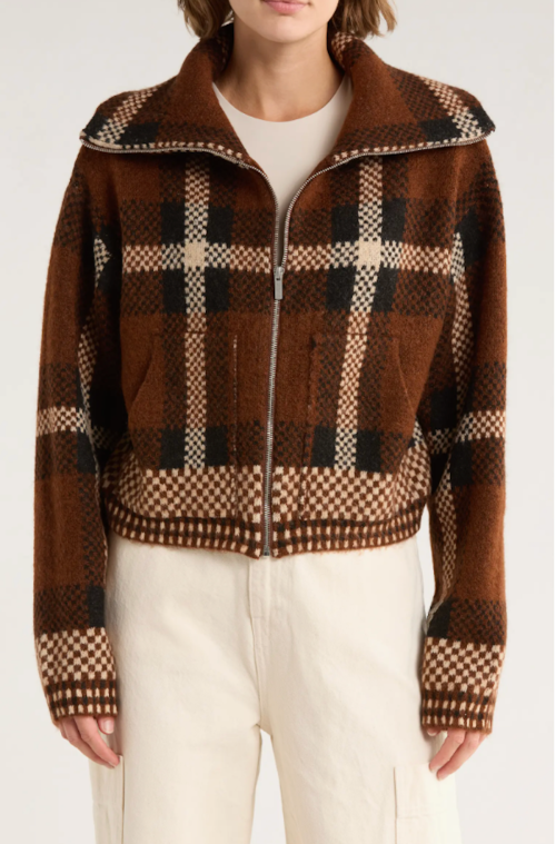 Plaid Sweater Bomber Jacket