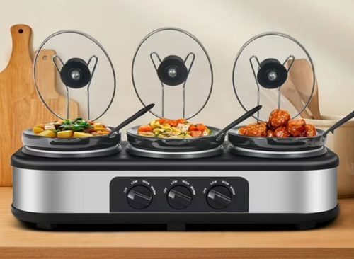 Superjoe 4.5QT Electric Slow Cooker 3 in 1, 3-Pots Stainless Steel Buffet Server Food Slow Cooker With Adjustable Temp Removable Lid Rests Triple Pot, Black