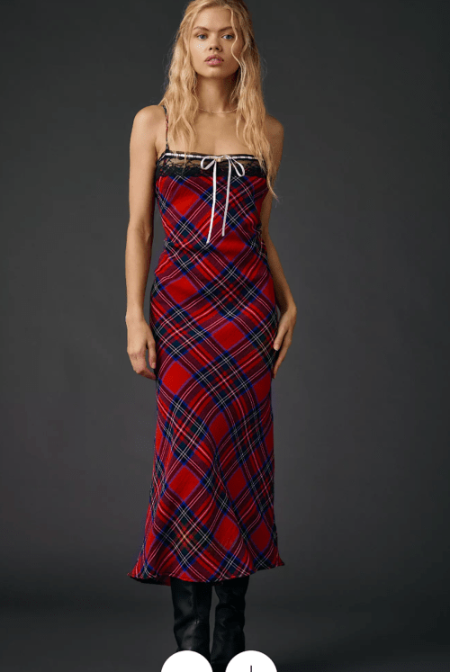 UO Plaid For You Lace Trim Slip Midi Dress