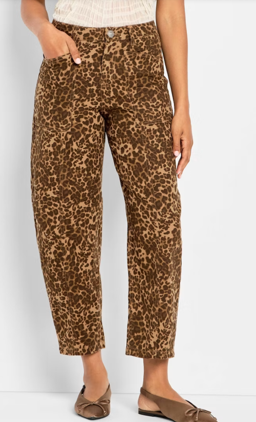 Women's Mid-Rise Barrel Leg Jeans - Future Collective Brown Leopard Print