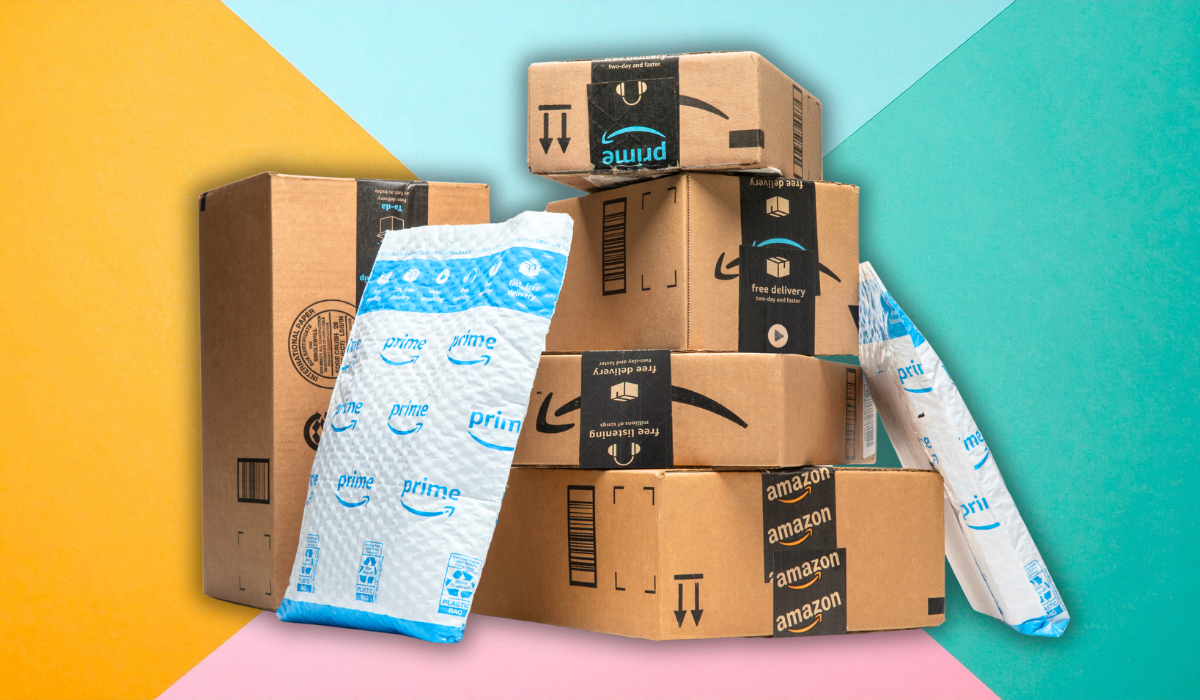 amazon packages with a colorful background