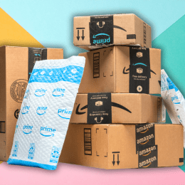 amazon packages with a colorful background